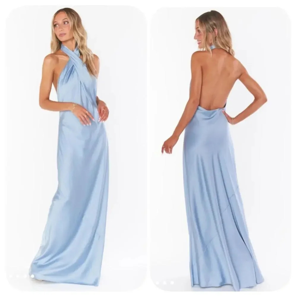 Show Me Your MumuJasmine Halter Blue Satin Maxi Dress Size M